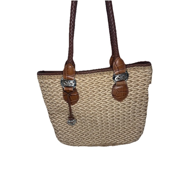 Brighton Woven Jute Rope Shoulder Tote Bag Leather Strap Tan Brown Boho Beach - Picture 2 of 14